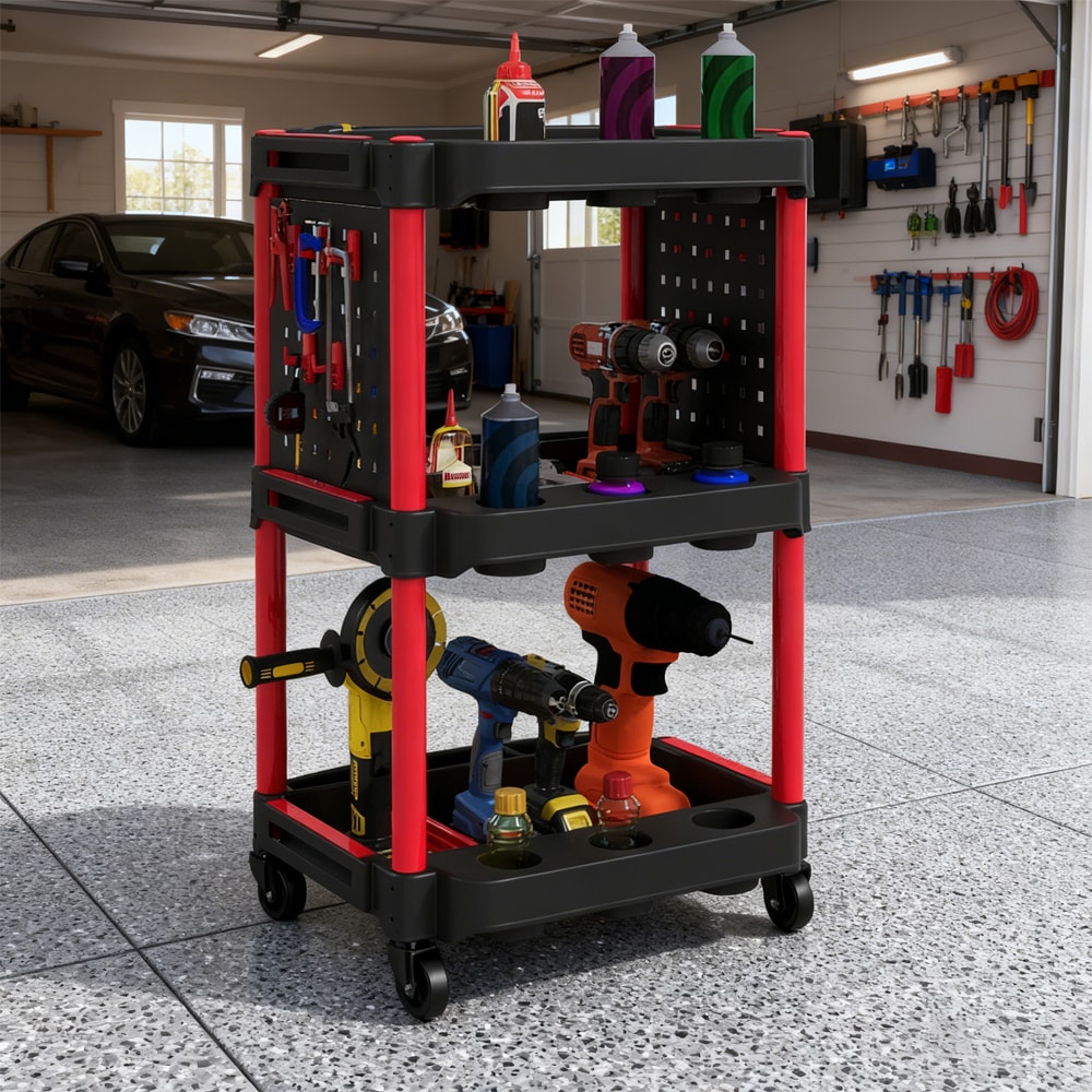 3-Tier Rolling Tool Cart, 200 LBS Capacity Plastic Utility Cart With Side Shelves For Garage, Workshop, Black And Red_voghion.com